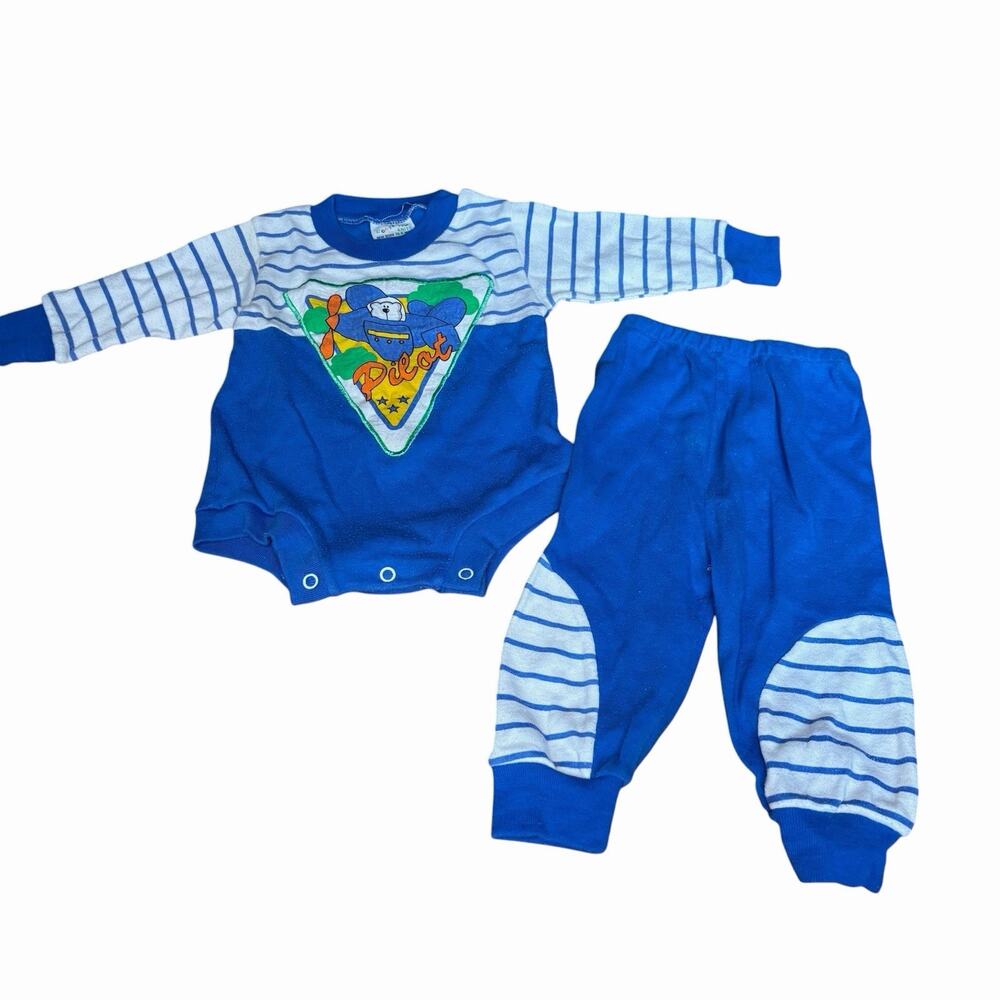 Vintage Confetti Kids Baby Boy 2 Piece Bodysuit Pants Set 0-6M Blue Pilot Bear